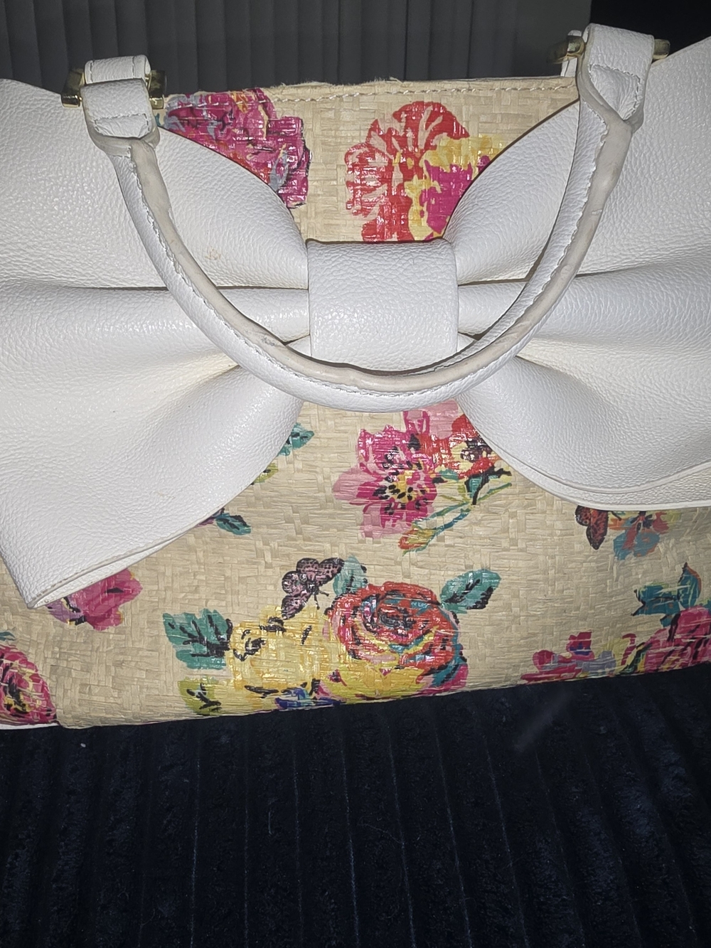 Betsey Johnson Floral Straw Satchel Bag Purse with White Bow Handle